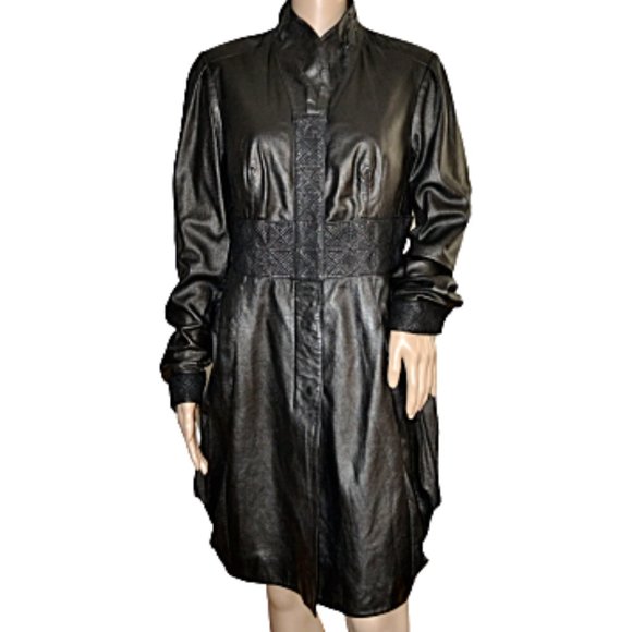 Vintage Gian Mori Black Leather Duster Jacket 42 8 - Picture 2 of 12